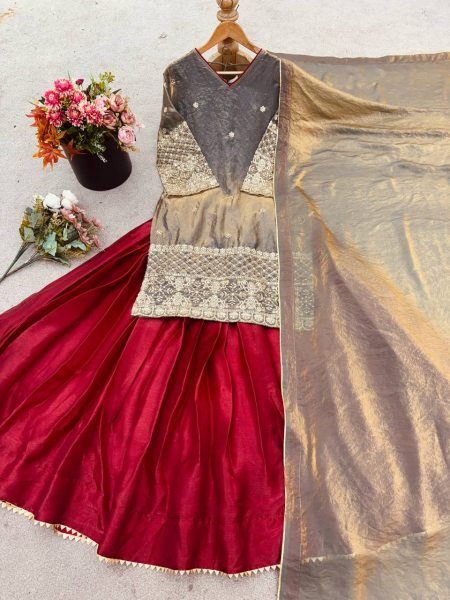 Zari Muse Maroon Flared Lehenga with Golden Embroidered Cape Dupatta Set Ready To Wear Collection