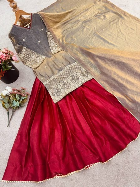 Zari Muse Maroon Flared Lehenga with Golden Embroidered Cape Dupatta Set Ready To Wear Collection
