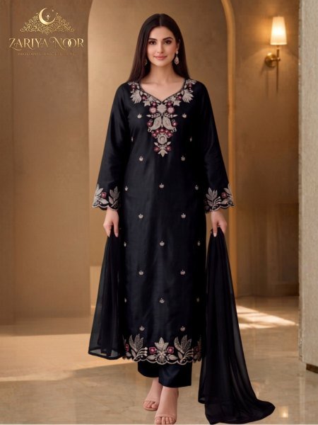 Zariya Noor Heavy Satin Roman Silk Pakistani Suit with Beads Work and Georgette Dupatta 