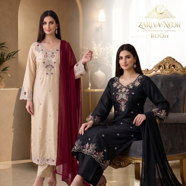 Zariya Noor Heavy Satin Roman Silk Pakistani Suit with Beads Work and Georgette Dupatta Pakistani Suits Wholesale