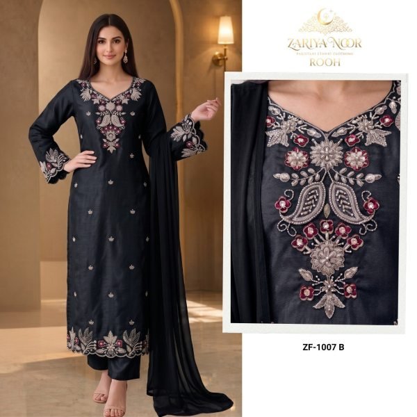 Zariya Noor Heavy Satin Roman Silk Pakistani Suit with Beads Work and Georgette Dupatta Pakistani Suits Wholesale