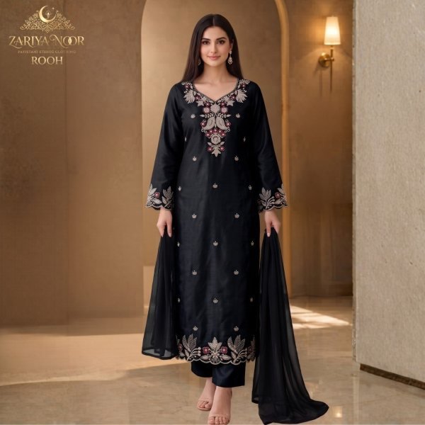 Zariya Noor Heavy Satin Roman Silk Pakistani Suit with Beads Work and Georgette Dupatta Pakistani Suits Wholesale