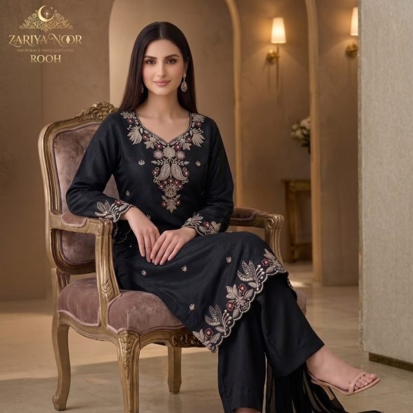 Zariya Noor Heavy Satin Roman Silk Pakistani Suit with Beads Work and Georgette Dupatta Pakistani Suits Wholesale