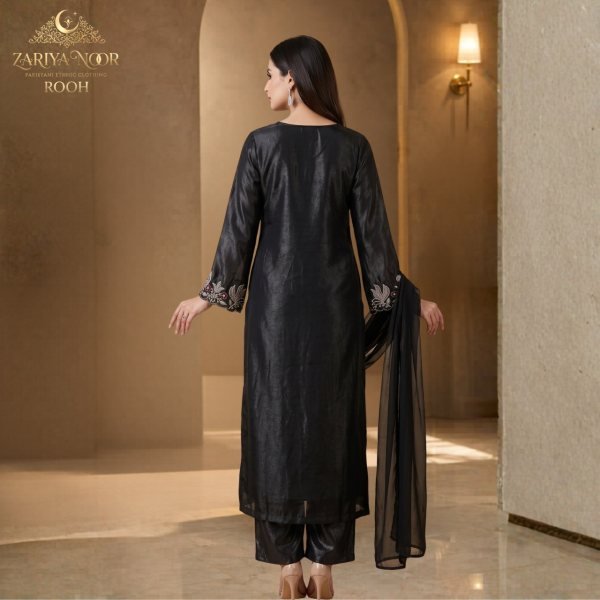 Zariya Noor Heavy Satin Roman Silk Pakistani Suit with Beads Work and Georgette Dupatta Pakistani Suits Wholesale