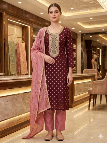 Zenvique Maroon Banarasi Silk Suit Material with Sequins Work For Celebration Wear Punjabi Dress Materials Wholesale