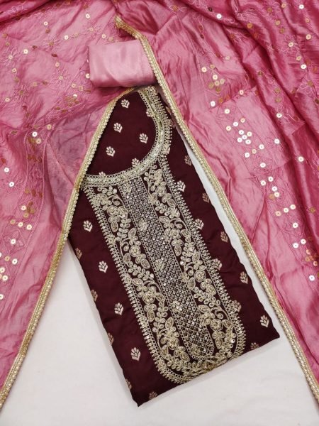Zenvique Maroon Banarasi Silk Suit Material with Sequins Work For Celebration Wear Punjabi Dress Materials Wholesale