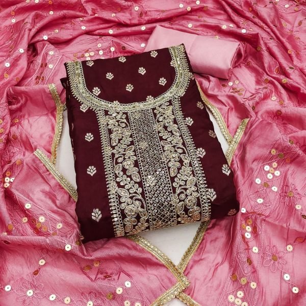 Zenvique Maroon Banarasi Silk Suit Material with Sequins Work For Celebration Wear Punjabi Dress Materials Wholesale