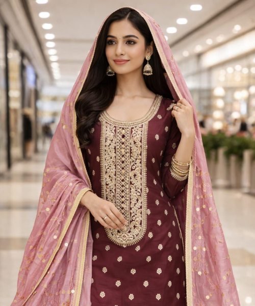 Zenvique Maroon Banarasi Silk Suit Material with Sequins Work For Celebration Wear Punjabi Dress Materials Wholesale