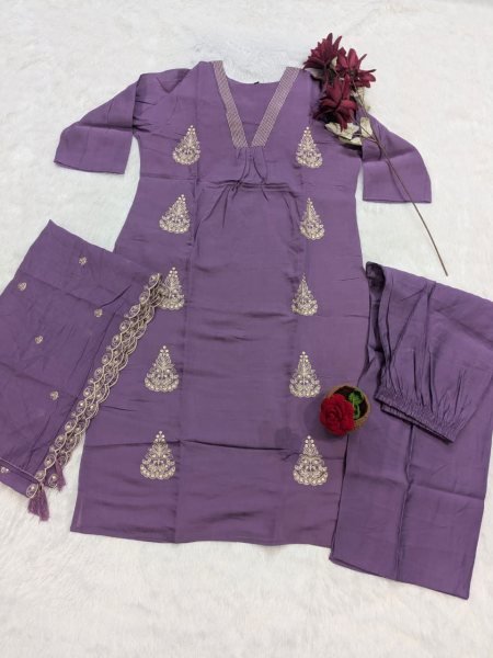 Zephyra Purple Mul Chanderi Suit Set with Khata Work For Office Wear Embroidery Kurtis 