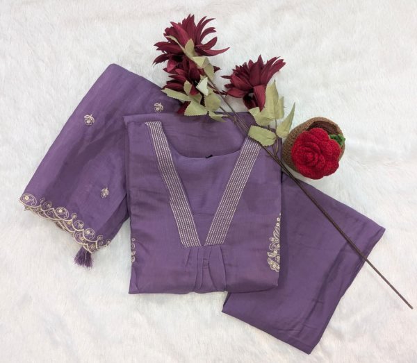 Zephyra Purple Mul Chanderi Suit Set with Khata Work For Office Wear Embroidery Kurtis 