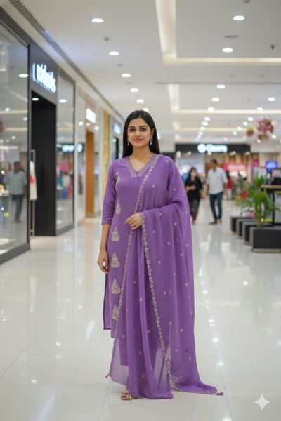 Zephyra Purple Mul Chanderi Suit Set with Khata Work For Office Wear Embroidery Kurtis 