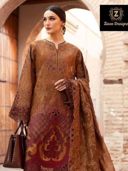 Ziaaz Designs Pakistani Cambric Cotton Embroidered Suit with Muslin Lawn Dupatta Salwar Kameez