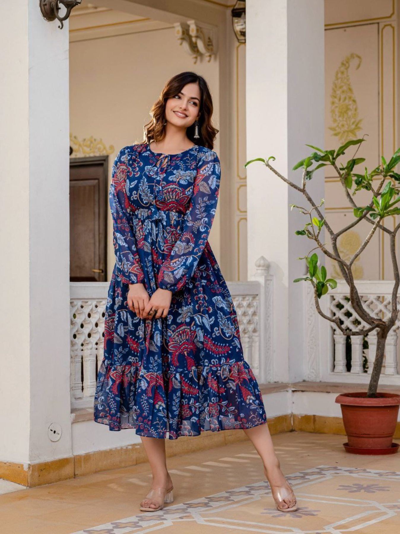 flowy georgette dress Firefly- Classic Blue Flowy Georgette Dress with Embroidered Belt main image 0