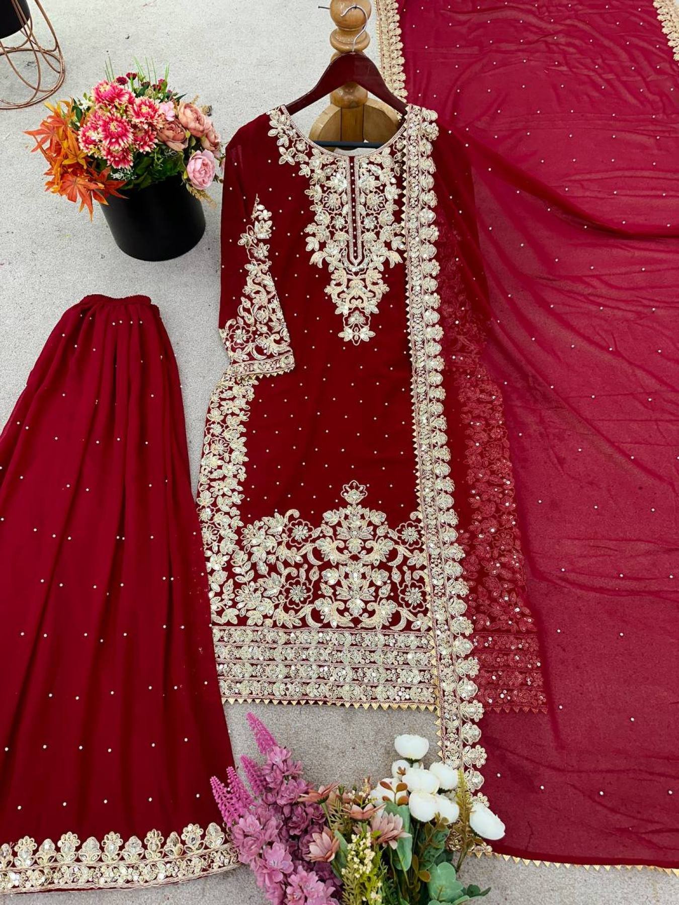 Wholesale Maroon Pakistani Suit with Dupatta & Moti Work Detailing