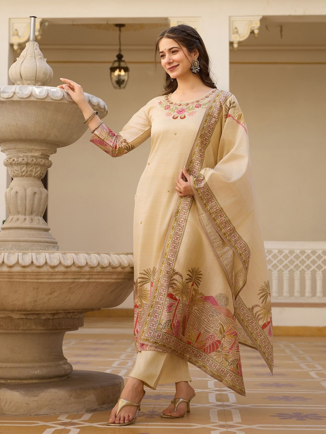 Viscose Assam Silk Top with Beaded Embroidery, Solid Dyable Bottom &  Printed Dupatta