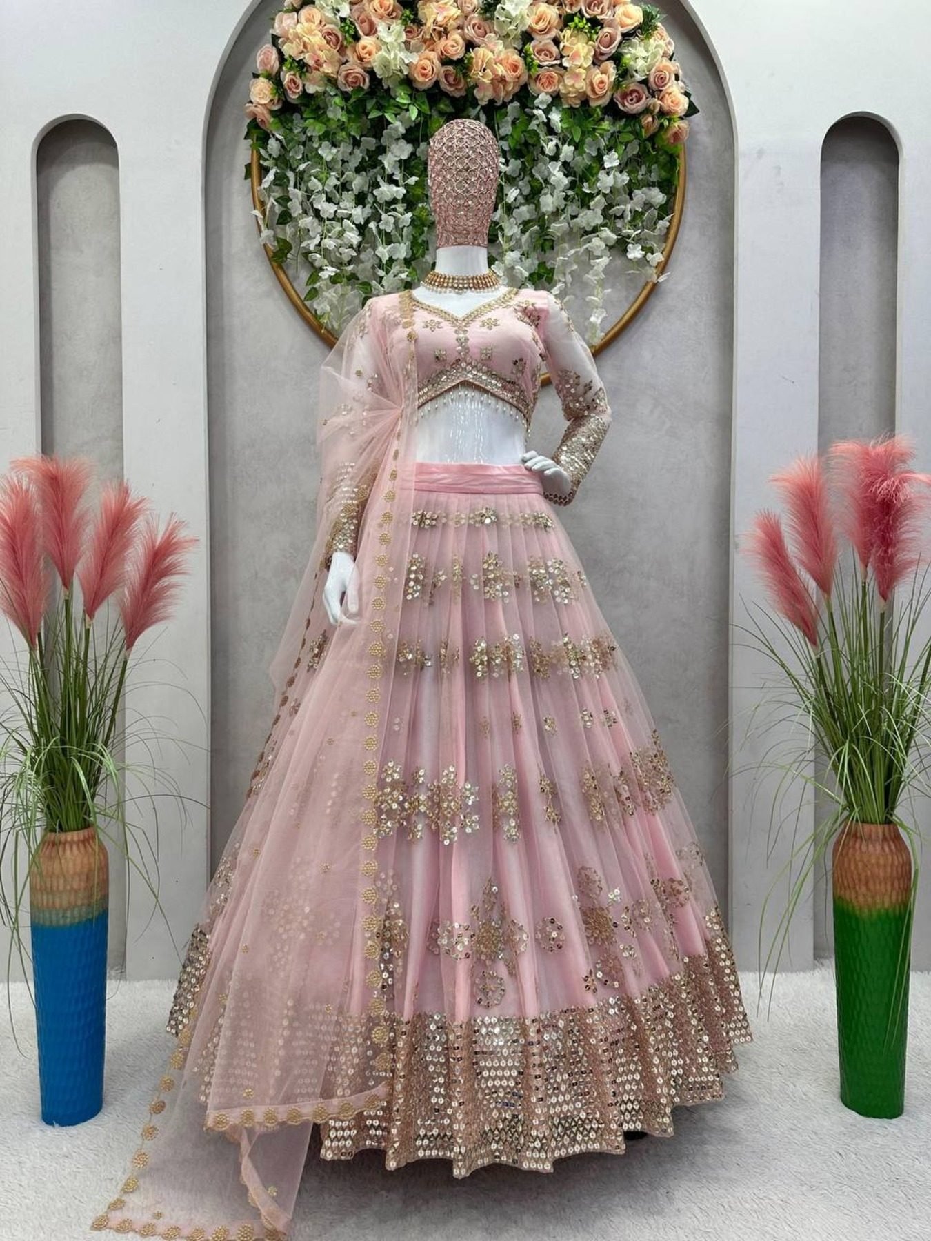 Designer Traditional Wedding Wear Lehenga Choli Peach Butterfly Net Lehenga Choli