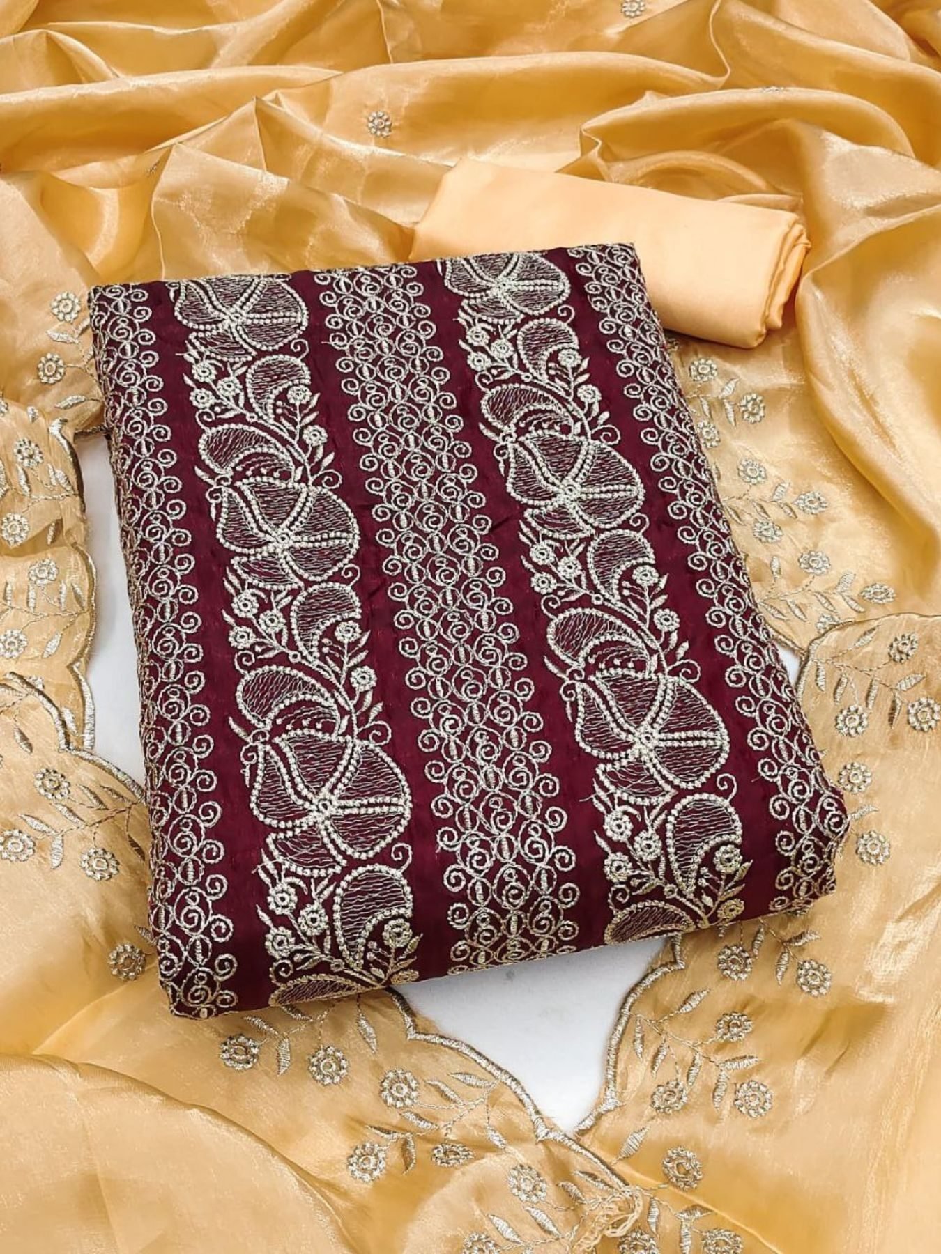 Buy Wine Georgette Hand Embroidered Unstitched Suit Set With Dupatta at Rs.  700 online from Royal Export Color Set Matching Dress Material Wholesale :  RE9702-Wine
