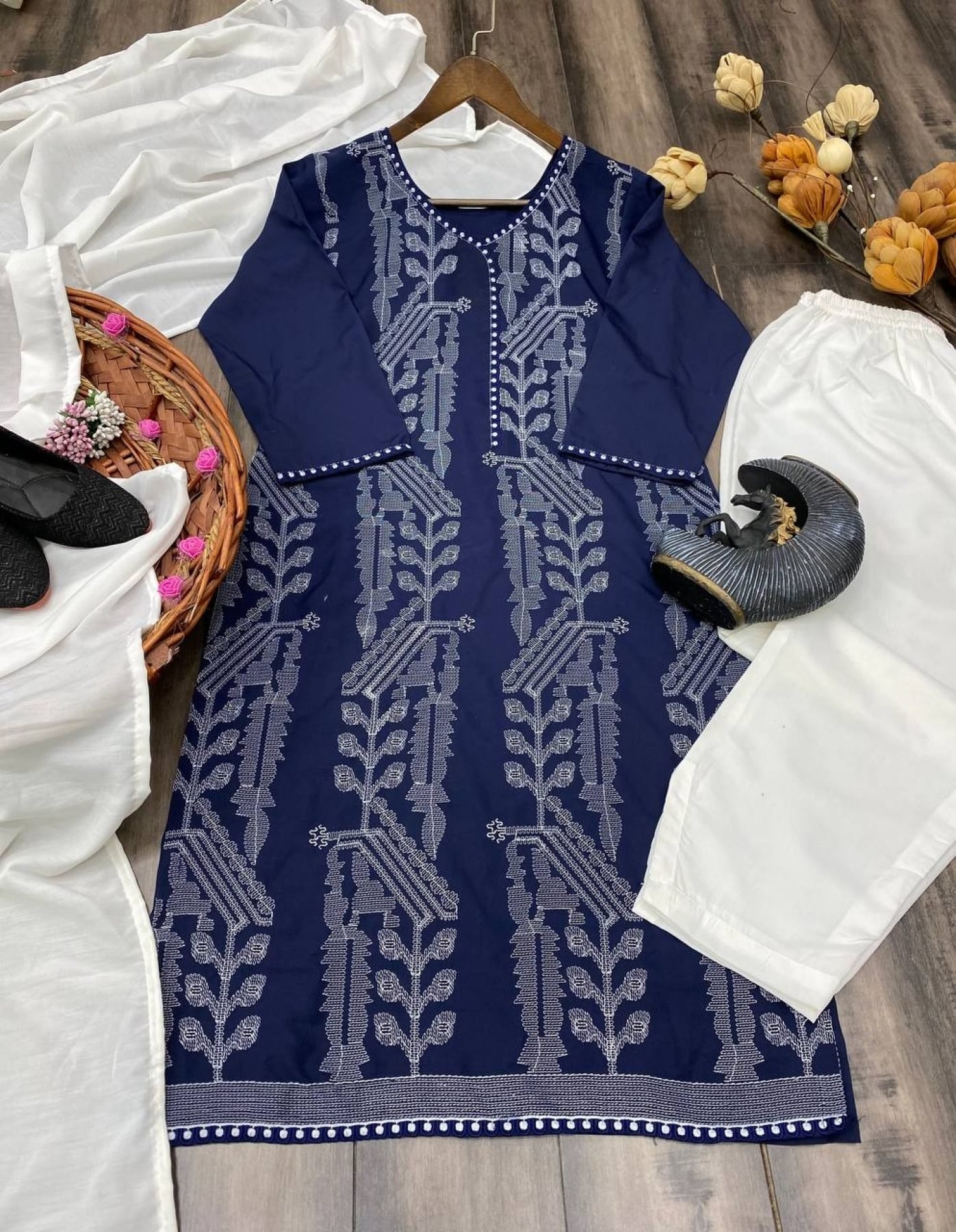 Women's Cotton Sleeveless Embroidered Kurta Set with Dupatta
