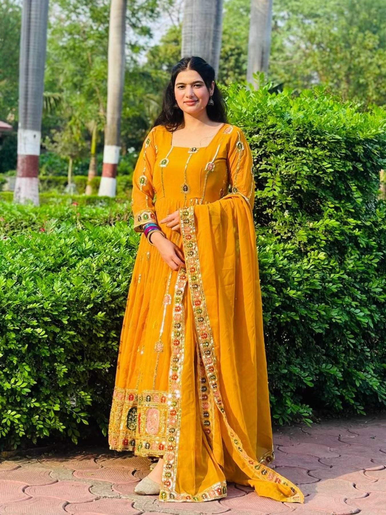 burgundy dress with gold belt Yellow and Gold Gown Style Embroidered Anarkali Suit main image 1